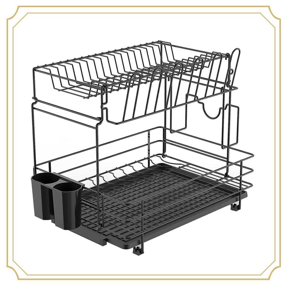 Auledio 2-Tier Dish Storage Rack with Dish Drainer Dryer Rack for Kitchen  Counter Top (Black) 