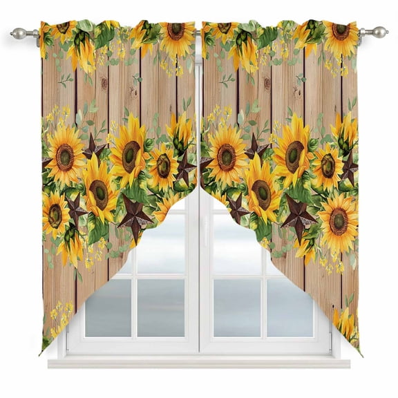 Swag Curtains Valances for Windows, Farmhouse Floral Sunflower Short Kitchen Window Curtains Over Sink, Rustic Barn Star Cafe Curtains Panel Set Of 2,Rod Pocket, 63 Inches Length Brown Wood