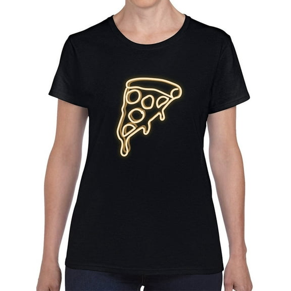 Cool Glowing Pizza Graphic Women Black T-Shirt, Female x-Large