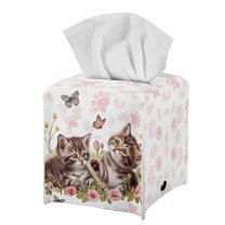 FUIALDOLG Stylish Tissue Box Holder Kawaii Cat Flower Square Tissue Cube Cover PU Leather Facial Organizer for Bathroom, Tabletop, Car, Night Stands, Office, Home, Kitchen, 5.1''X5.1''X5.5''