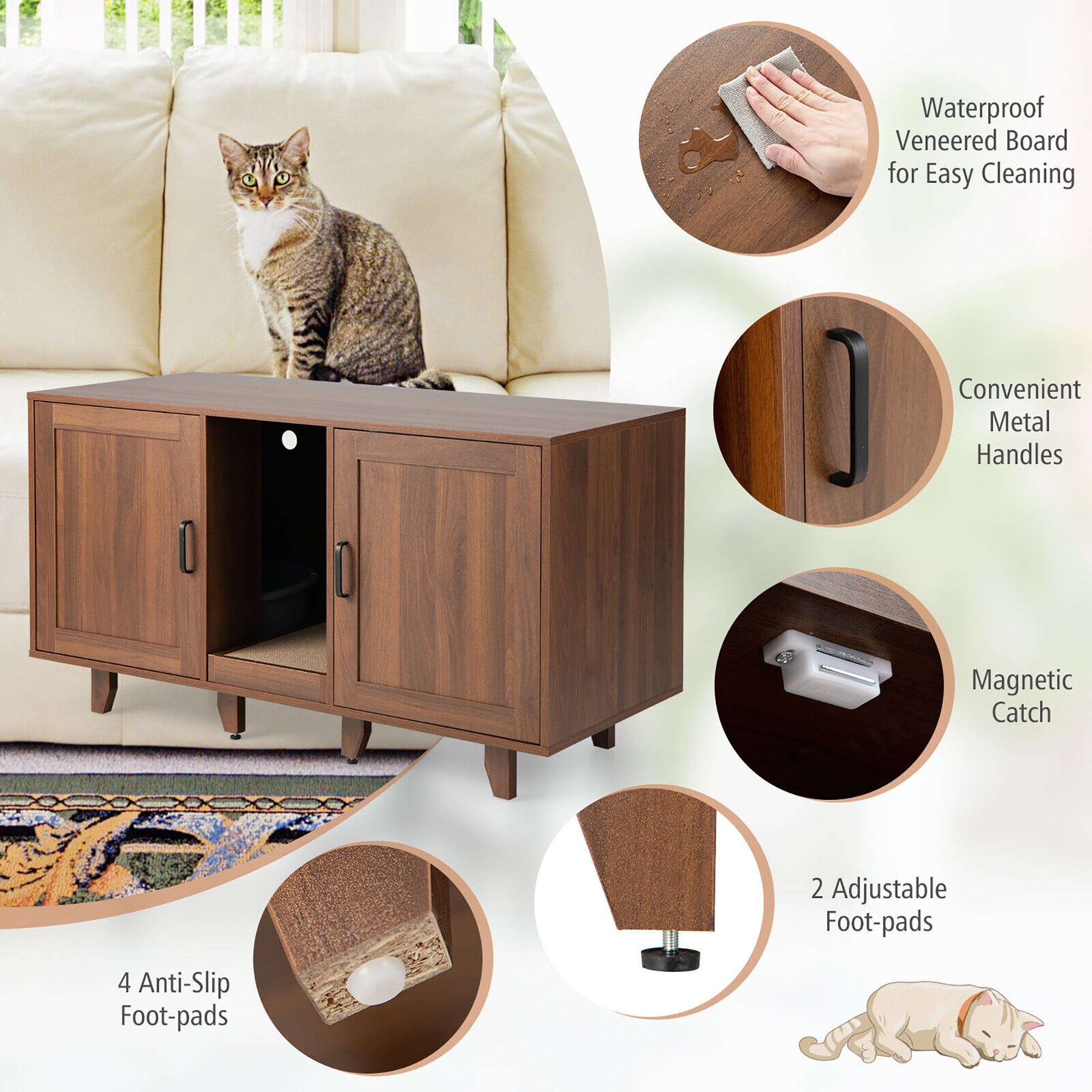 Gymax Cat Litter Box Enclosure Hidden Cat Washroom w/ 2 Doors Coffee Patented