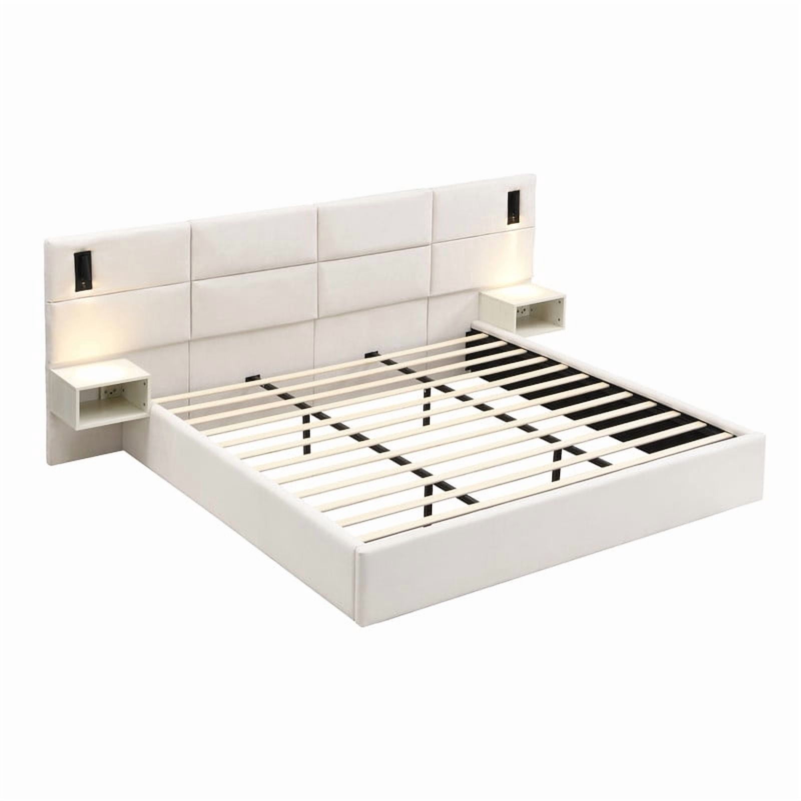 King Size Upholstered Bed Frame with 2 Reading Lights on Large Headboard, Storage Platform Bed Frame with 2 Open Shelves