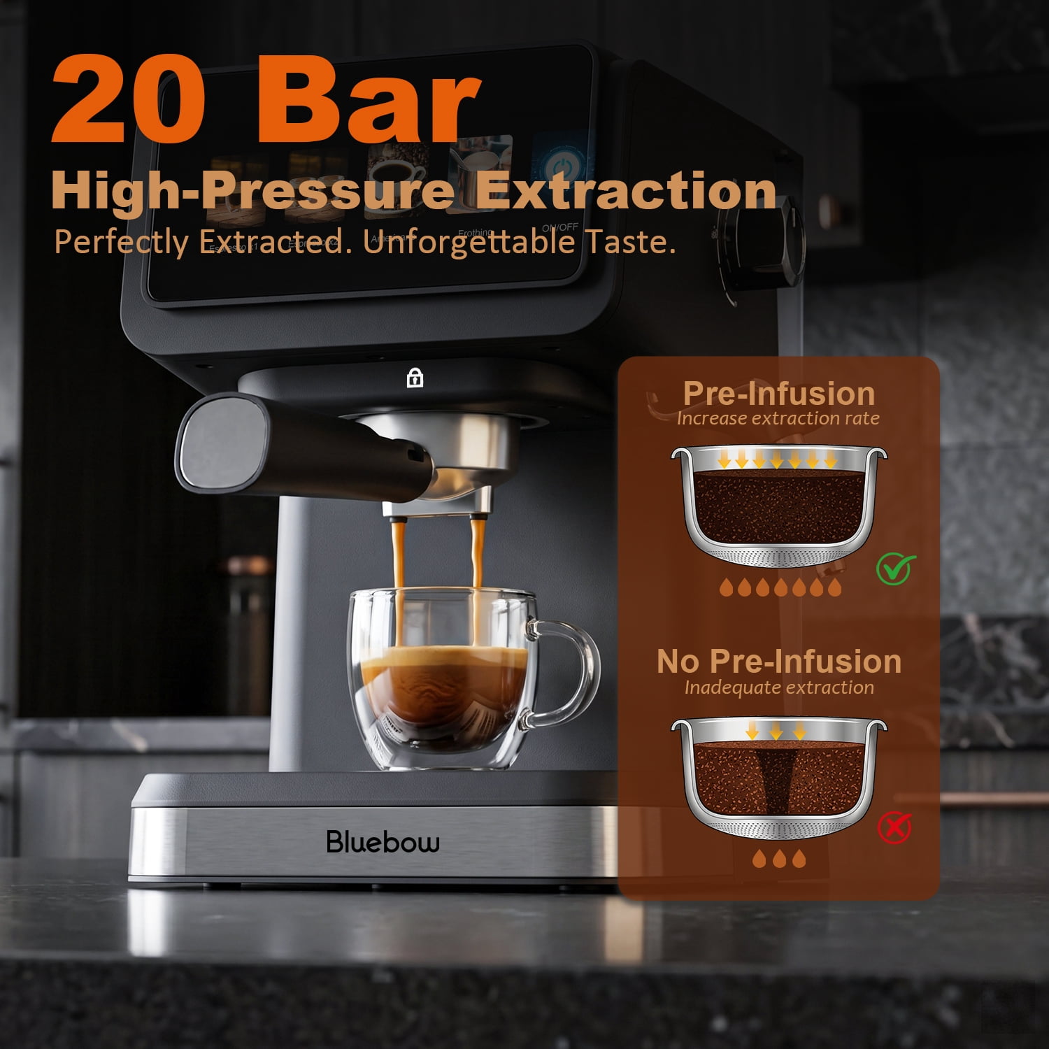 Bluebow Espresso Machine, 20 Bar Coffee Machine with Milk Frother Steam Wand, Coffee Maker for Home- Americano Cappuccino Latte