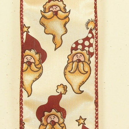 The Ribbon People Ivory and Red Long Bearded Santa Print Wired Craft Ribbon 2" x 40 Yards