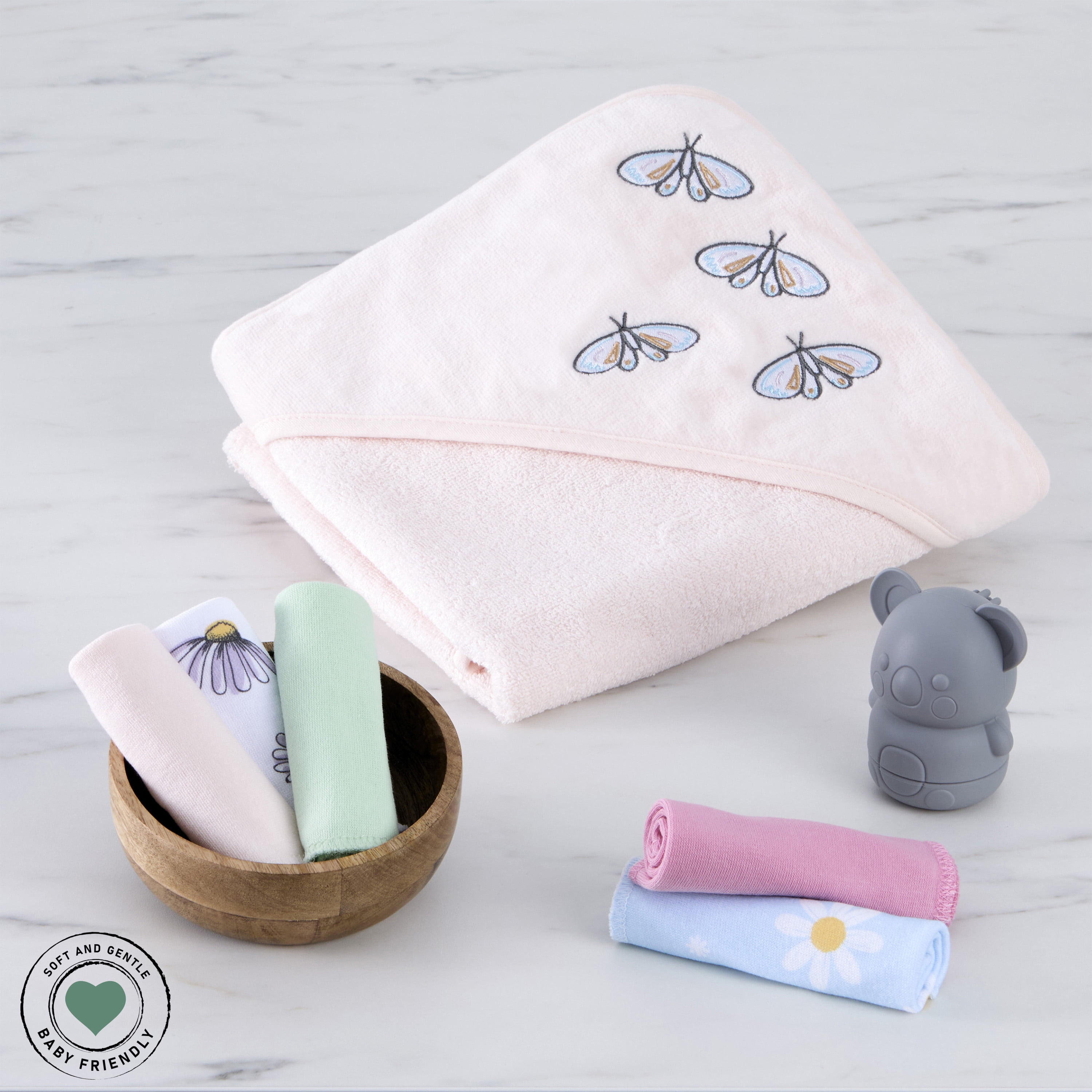 Evolur Secret Garden 6 pc Gift Set - Hooded Towel & 5pc Wash Cloths, Garden Print