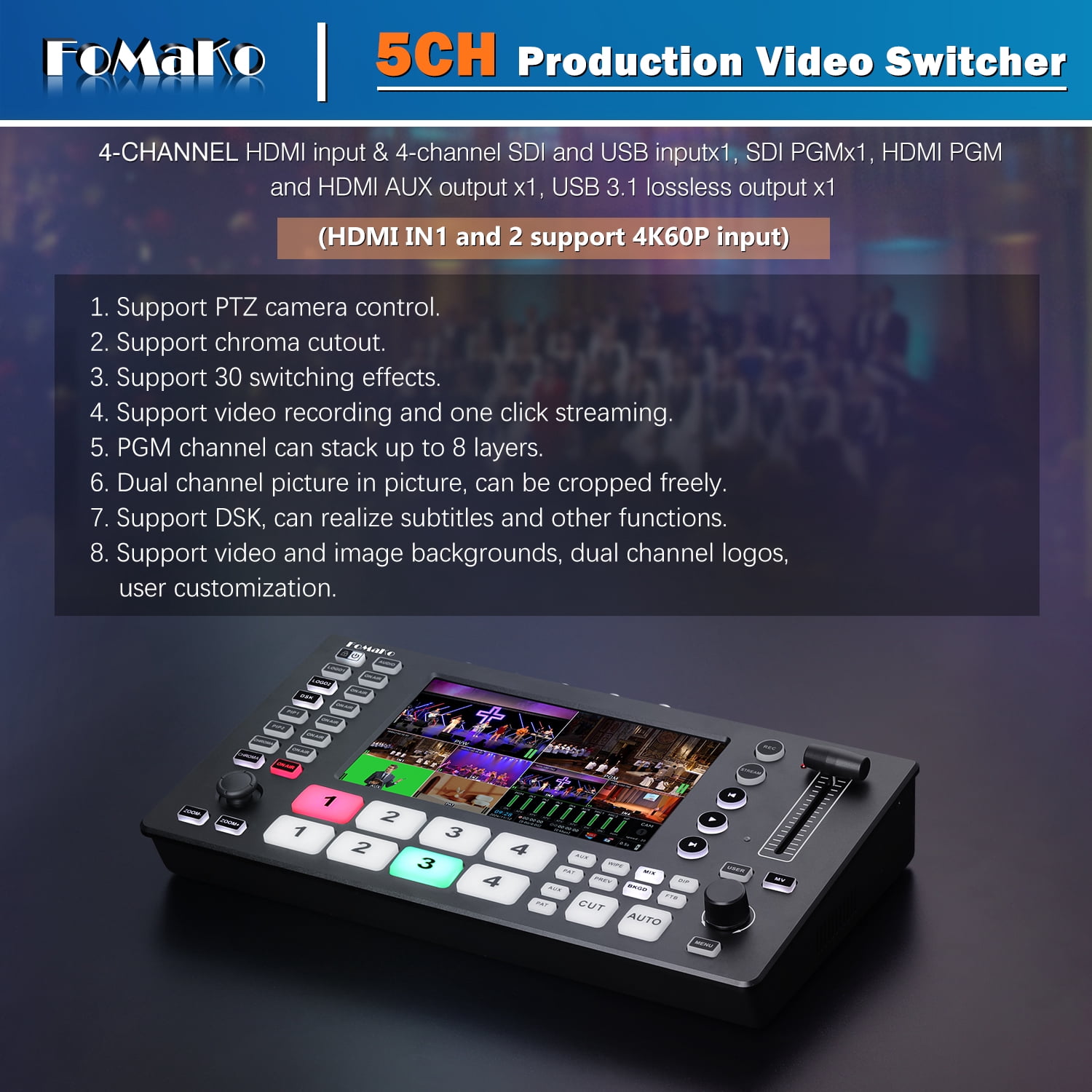 FoMaKo 4K SDI HDMI Video Mixer Switcher, 5.5 Inch FHD LCD Screen, 5-channel HDMI live Streaming Switcher, 4K 60FPS Input, 1080p 60FPS Output,Support PTZ Controller, SDI+HDMI Video Switcher,M4