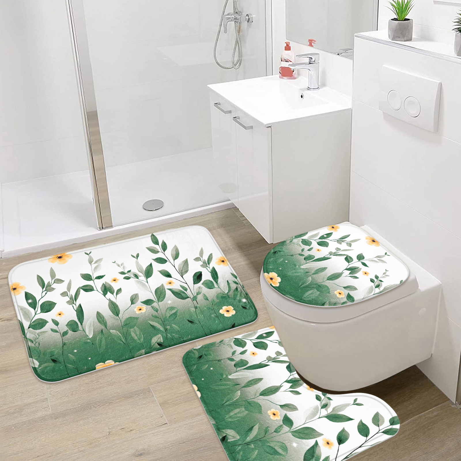 FRAMICS 16-Piece Ombre Floral Shower Curtain Sets with Rugs, Sage Green Eucalyptus Leaves Bathroom Sets, Waterproof Fabric Bathroom Curtain Decor with Hooks