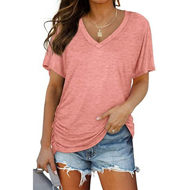 Womens Short Sleeve V Neck Dolman Tops with Side Shirring Loose Fit Shirts