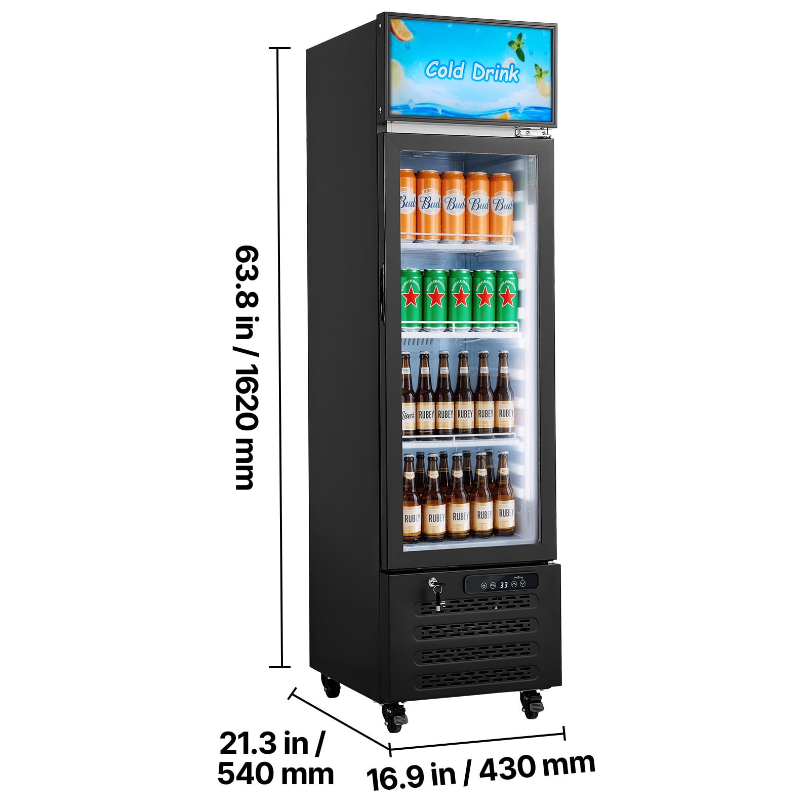 KFFKFF Commercial Glass Door Refrigerator, 6.1 Cu.Ft / 173 L Upright Beverage Cooler with Adjustable Lightbox, 3 Shelves & LED Lighting for Home or Business Use