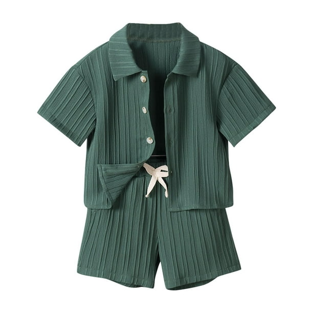 Odeerbi 1-6 Años Niños Conjunto de Verano Tejido de Punto de Algodón Manga Corta Shorts Set Cuello Botón Top Cintura Elástica Shorts Conjunto de Dos Piezas