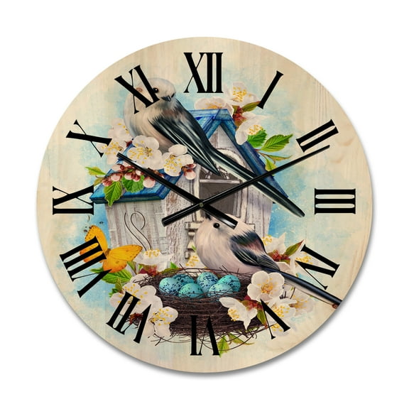 Designart 'Two Tit Birds Sitting Near The Nest With Eggs and White Flowers II' Traditional Wood Wall Clock