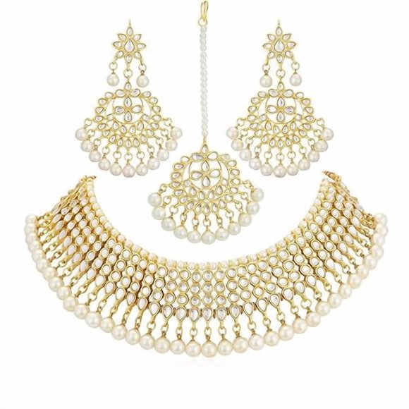 Traditional Gold Plated Wedding Jewellery Kundan Choker Necklace Set With Earring & Maang Tikka For Women