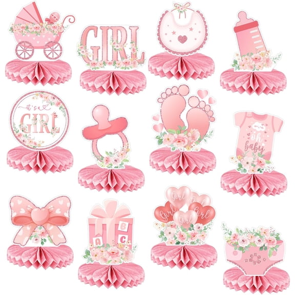 Girl Birthday Party Honeycomb Centerpieces for Tables - 12 Pack  Shower Decorations for Girl, Floral It' Girl Gender Reveal Table Centerpiece Party Supplies, First Birthday Party Supplies
