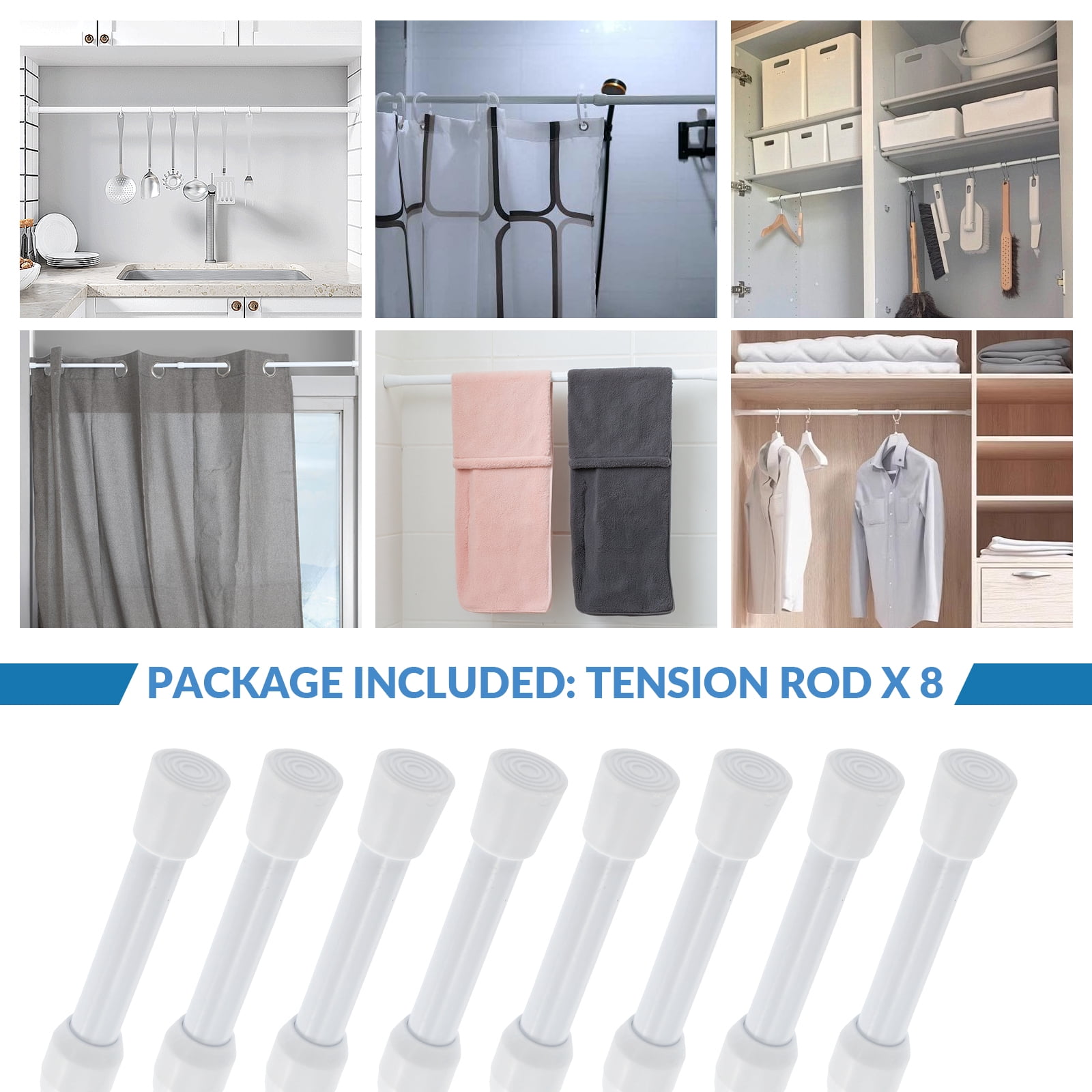 BEAMNOVA 32"-55" Adjustable Tension Curtain Rod, 5/8" Diameter, Spring Tension Rods for Windows Cabinet Wardrobe Closet Shower Curtains, White (8 Pack)