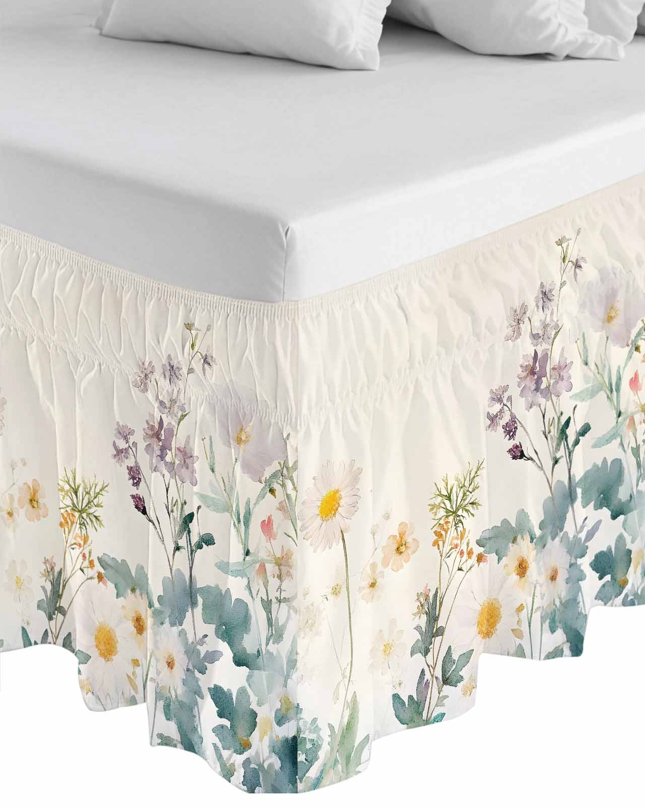 Watercolor Spring Floral Bed Skirt Queen Size,Farmhouse Daisy Green Botanical Wrap Around Bed Skirting with Adjustable Elastic Strap,Dust Ruffle Pleated Bedskirts 16 Inch Drop for Bedroom Queen Beds