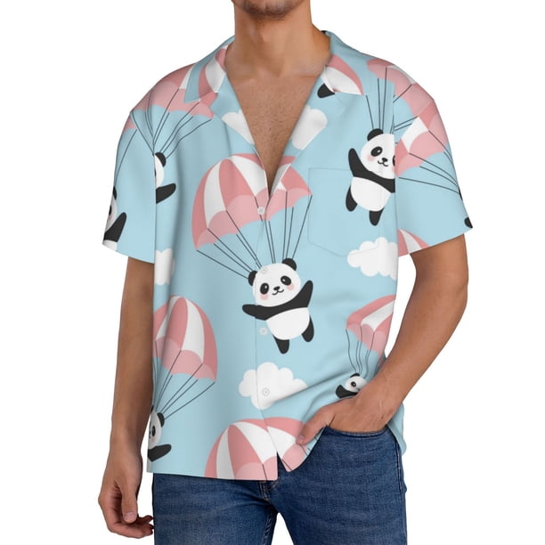 Fotbe Cute Panda Flying in the Sky Camisa Estampada de Manga Corta para Hombre, Casual de Verano, Estilo Playero, Sin Arrugas-Small