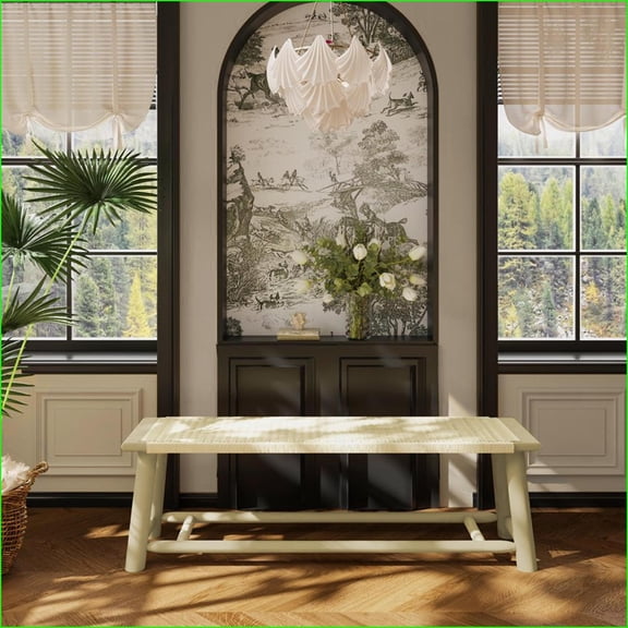 59 Inch Farmhouse Modern Solid Wood Rattan Bench - Indoor & Covered Outdoor Champagne Finish | Gold | Wood Rattan