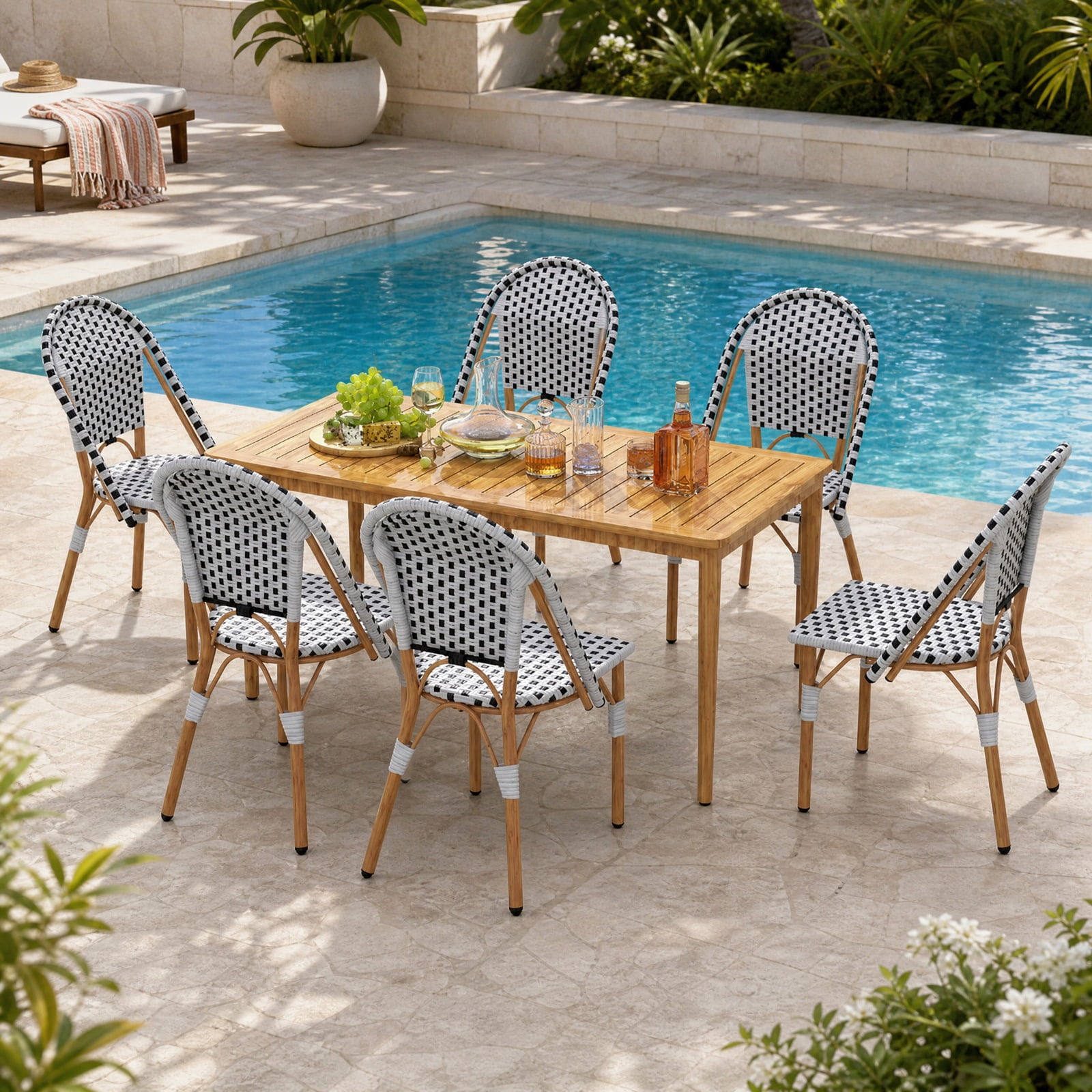 Furnibear French Bistro Chair Set of 2 with Hand-Woven PE Rattan Seats and Galvanized Metal Frame for Patio Garden and Balcony, White