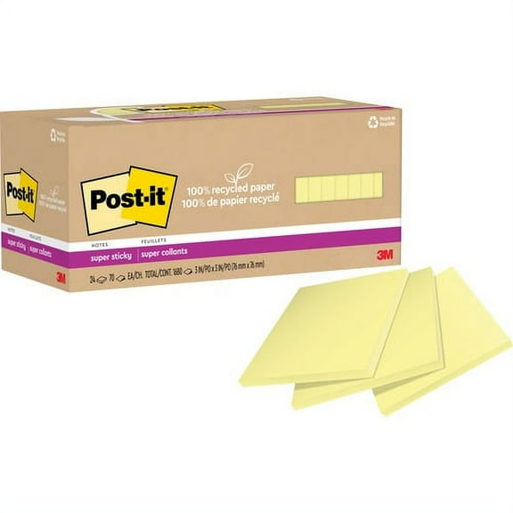 Post-it® Super Sticky Adhesive Note - 3" x 3" - Square - 70 Sheets per Pad - Canary Yellow - Repositionable - 24 / Pack | Bundle of 2 Packs