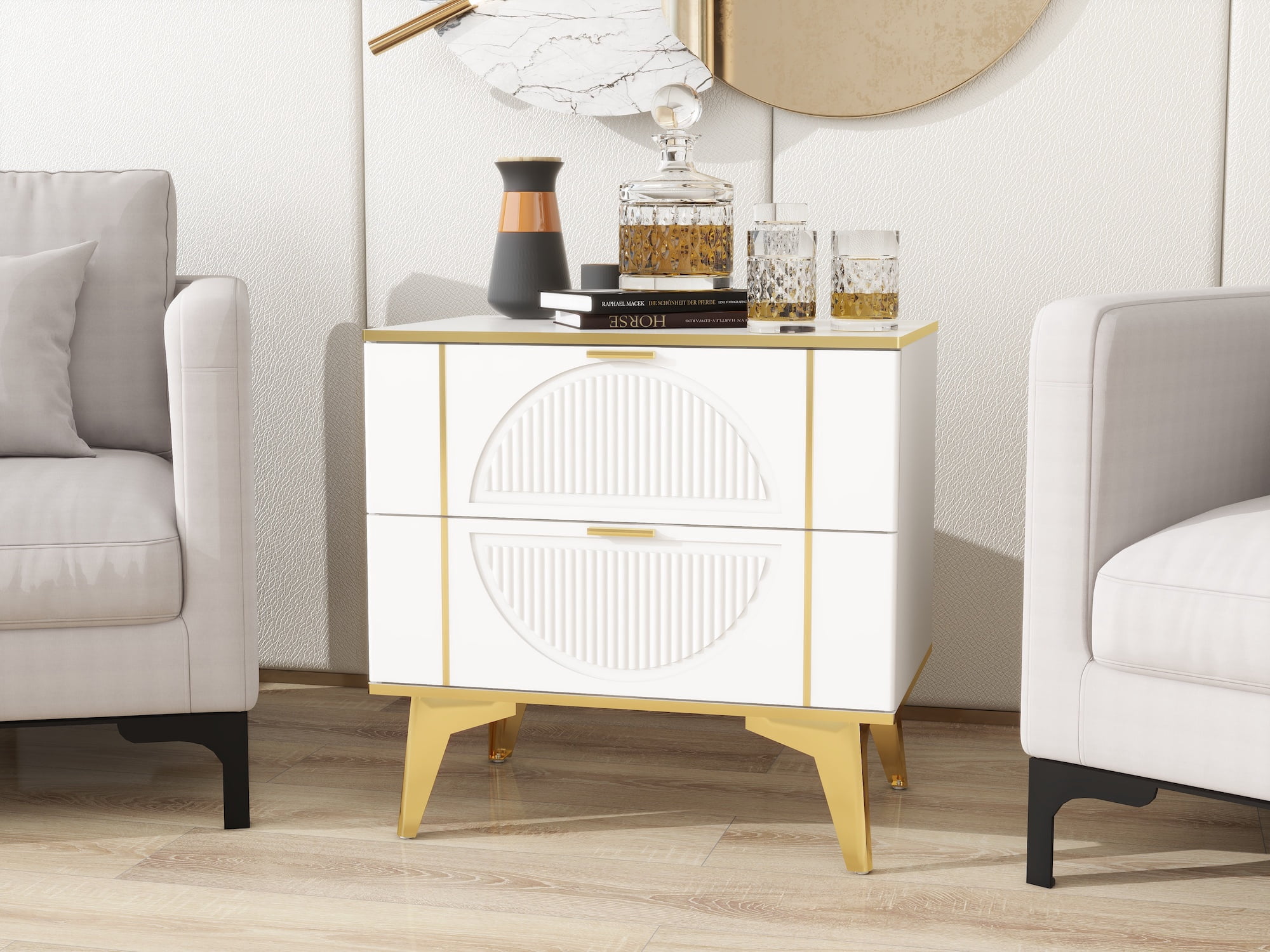 AISWORD Nightstands Set of 2 with Storage, End Table with 2 Drawers, Night Stand with Metal Legs, Farmhouse Sofa/Bed Side Table for Living Room, Bedroom (White)