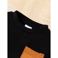 thumbnail image 3 of Newborn Baby Boy Solid Color Black Long Sleeved Top with Front Brown Pocket + Pants Set 2PCs Fall Winter Infant Outfits, 3 of 5