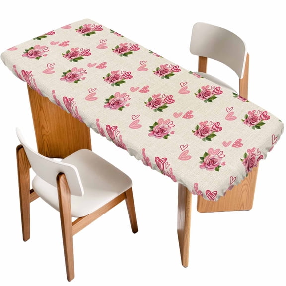 Pink Roses Table Cloths for 8 Foot Rectangle Tables, Valentine's Day Love Flowers Beige Rustic Patio Waterproof Elastic Fitted Tablecloths, Washable Rectangular Table Cover for Camping