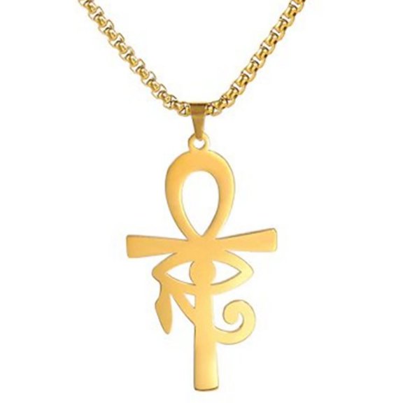 Egyptian Ankh Necklace Gold PVD Plate Stainless Steel Eye of Ra Aunk Amulet Mens Womens Fantasy Forge Jewelry