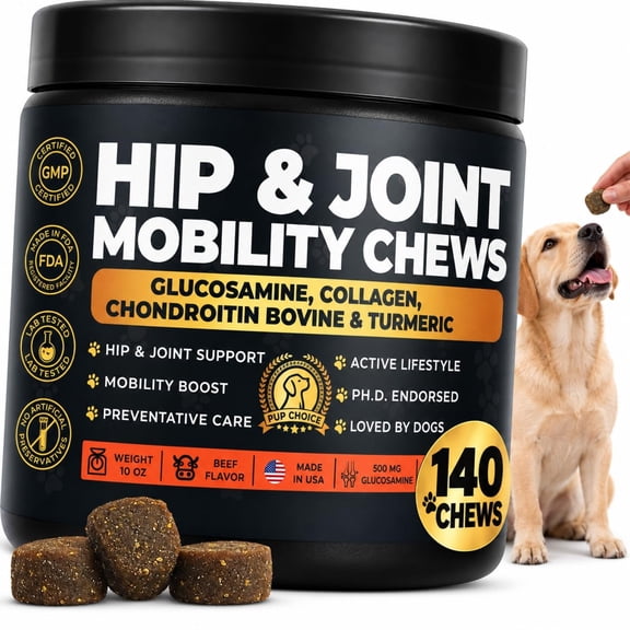 Pup Choice Hip & Joint Glucosamine Chews for Dogs with Chondroitin, Collagen & Turmeric – Mobility & Joint Support, Beef Flavor Soft Chews, 140 Count