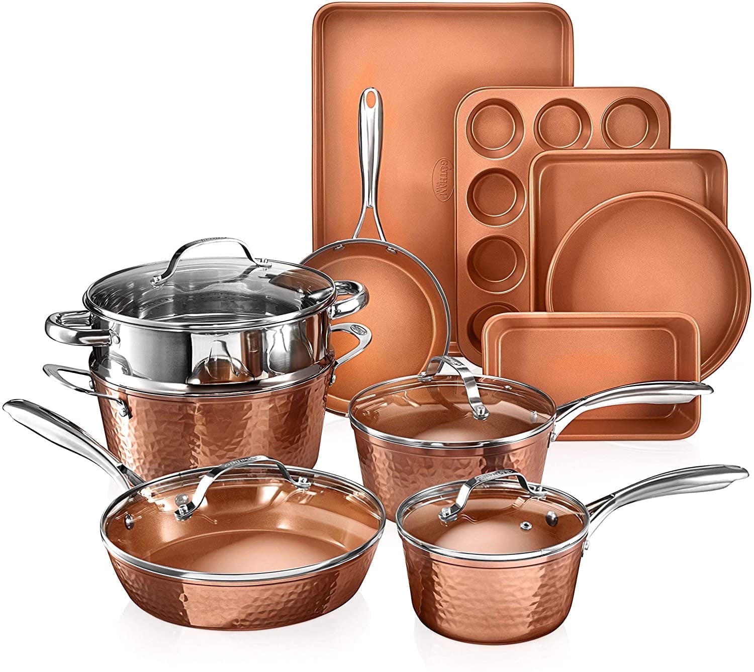Gotham Steel Hammered 15 Pc Ceramic Cookware Set Nonstick, Deep Copper Pots and Pans Set Non Stick with Bakeware & Deep Fry Pan, Non Toxic Induction Oven and Dishwasher Safe