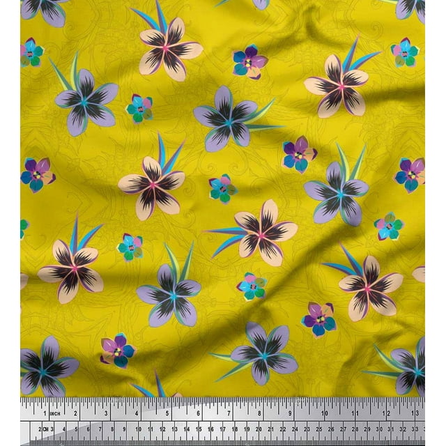 Soimoi Yellow Silk Fabric Leaves & Flower Floral Decor Fabric Printed Yard 42 Inch Wide