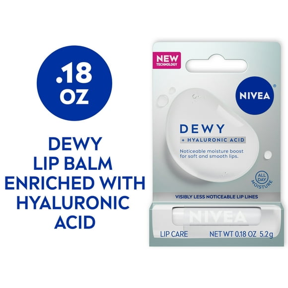 NIVEA Dewy Lip Care with Hyaluronic Acid Lip Balm, 0.18 oz Tube, Pack of 1