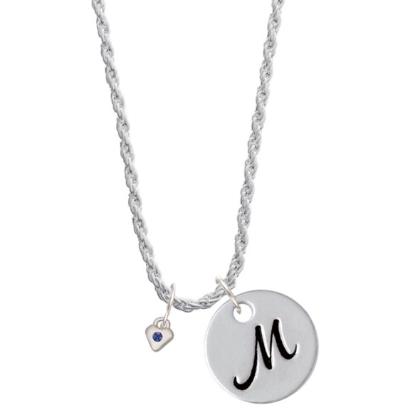 Delight Jewelry Silvertone Mini September - Blue Crystal Heart Silvertone Script Initial Disc - M - Charm Necklace, 20" 3"