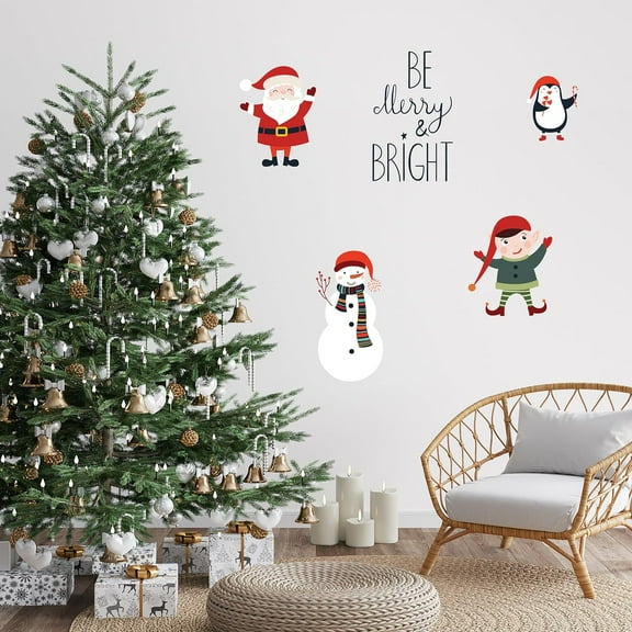 Decalcomania Christmas Be Merry & Bright Wall Decals - Set of 36 Assorted Holiday Stickers Santa Claus, Elf, Snowman, Penguin, Tree, Garland Removable Peel and Stick Indoor Home Decorations
