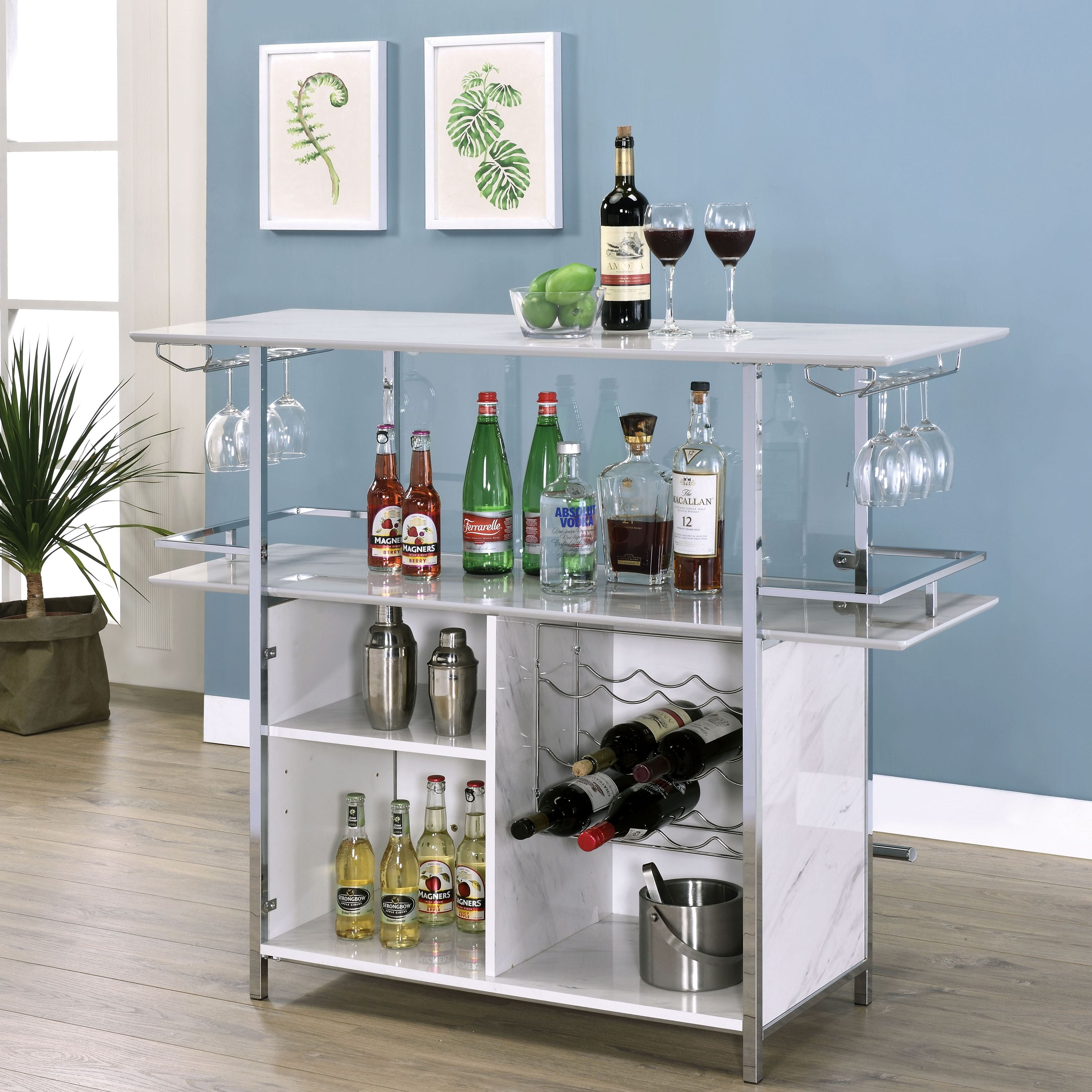 Furniture of America Naar Multi-Storage Bar table, White and Chrome