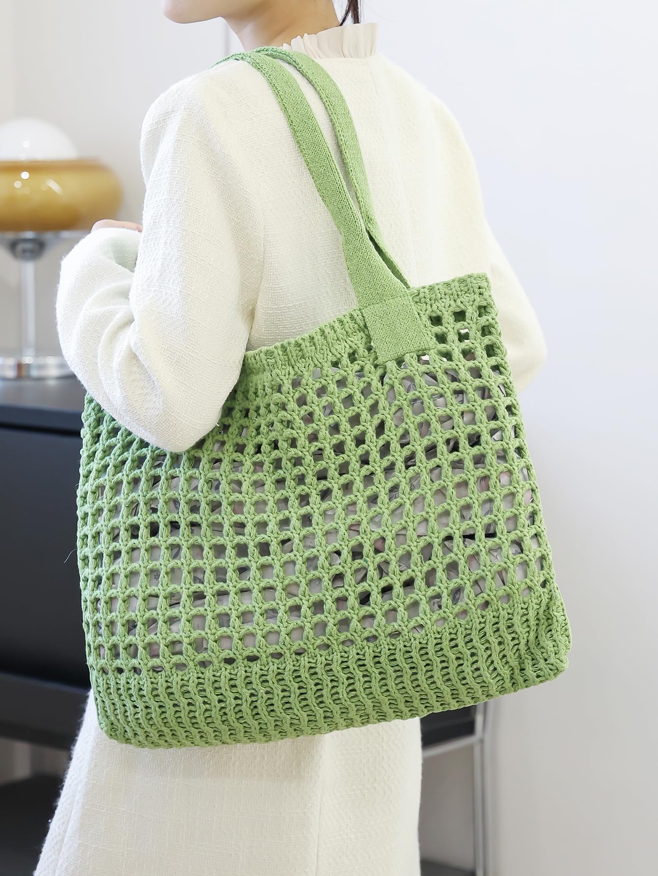 Women's Beach Tote Bag, Crocheted Knit Hollow Design, Stylish & Spacious Tote for Beach,Travel,and Everyday Use,Cute Aesthetic Summer Handbag(khaki)
