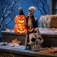 thumbnail image 4 of Clearance! Halloween Skeleton Figurine with Light Up Double Pumpkin, Resin Skull Sitting Skeleton Statue, Spooky Tabletop Decor for Home, Fireplace, Mantel, Shelf, 4 of 5