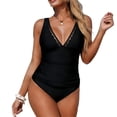 thumbnail image 2 of Mifsaly Women's Tummy Control One Piece Swimsuit Deep V Neck Scalloped Trim Mesh Inset Bathing Suit Ruched Slim Fit Monokini Flattering Swimwear XXL, 2 of 6