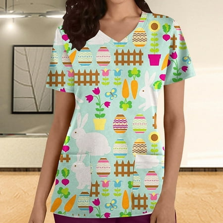 

PEONAVET Womens Nursing Scrub Tops Easter Eggs Bunny Rabbit Printed Working Uniform Short Sleeve V Neck Workwear Blouse T-shirt with Pockets - Savings Clearance
