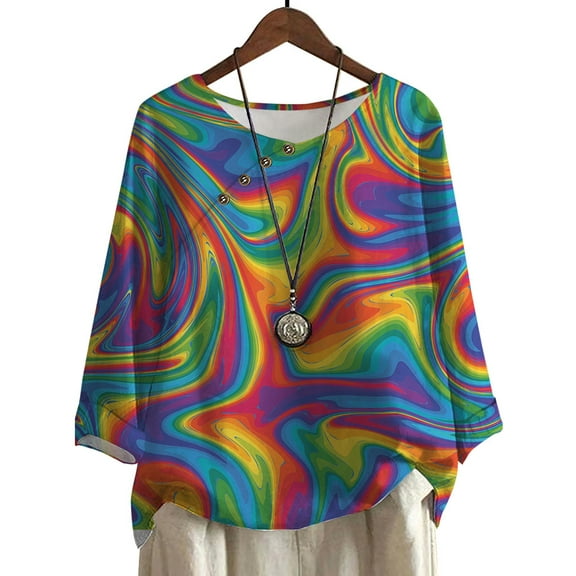 CLOOCL Plus Size T-shirt Women Blouse Ink Painting Graphics Print Button Decorate Long Sleeve Oversized Tops Casual Female Pullover