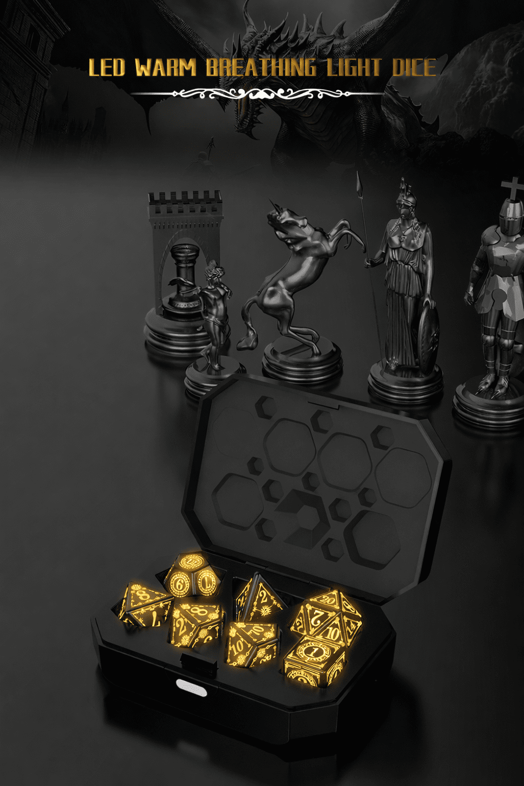 7-Piece LED Light Up Dice Set with Charging Case, Rechargeable Polyhedral Dice for Tabletop RPG, D4 D6 D8 D10 D12 D20