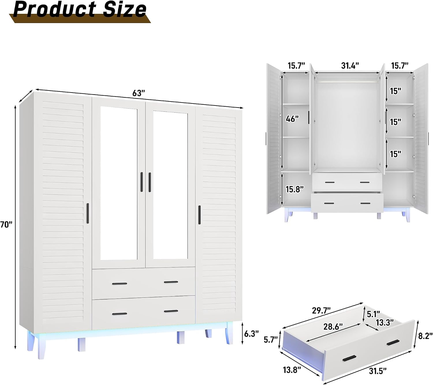 Blotout 70" Armoire Wardrobe Closet with Mirror & LED Lights, 4 Door Wardrobe Armoire with 2 Large Drawers, LED Wood Armoire Storage with Hanging Rods and Multi-Layer Shelves(White)