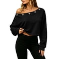 thumbnail image 2 of Women's Off Shoulder Crop Top Grommet Detail Long Sleeve Casual Pullover Sweatshirt, 2 of 9