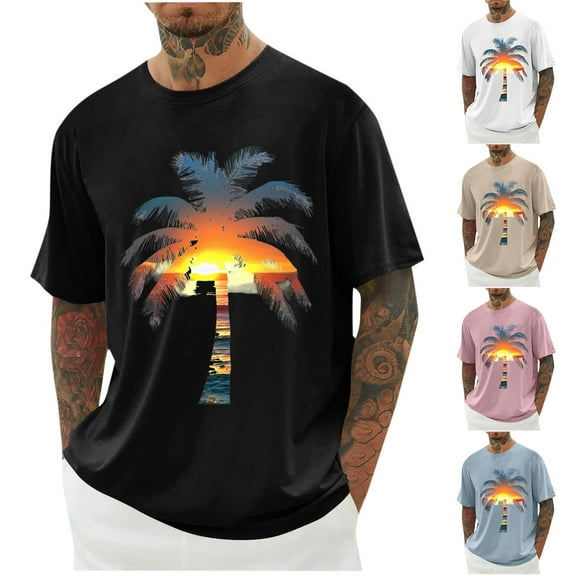 UVEASISHA Mens Big and Tall Graphic Tees Beach Casual Palm Tree Printed T-Shirts Summer Short Sleeve Hawaiian Shirts Tropical Vacation Loose Tshirt Black L