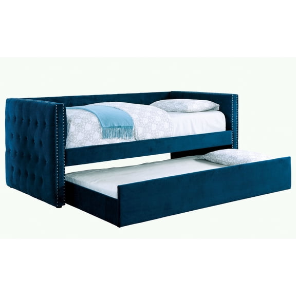 Furniture of America Myah Fabric Nailhead Daybed with Trundle, Navy
