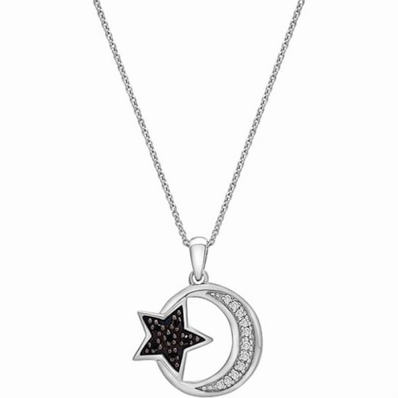 Real 925 Sterling Silver 14K White Gold Plated Round Cut White & Black Diamond Moon and Star Pendant Necklace For women