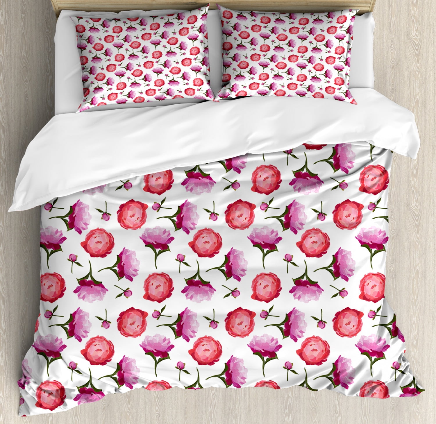 Floral King Size Duvet Cover Set, Watercolor Illustration of Pink and