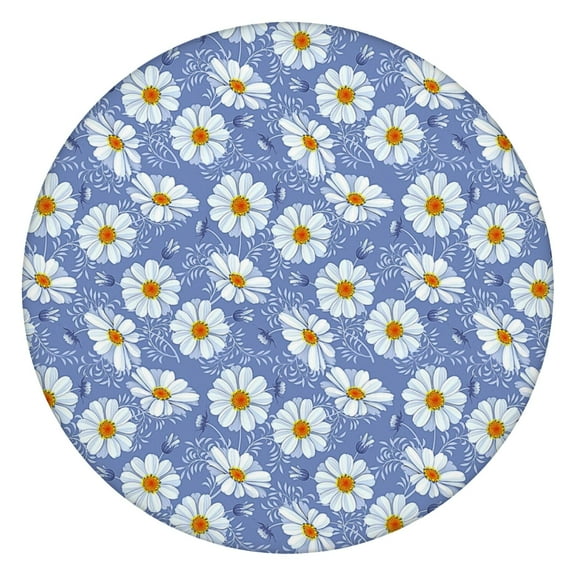 Vinyl Tablecloth Round Fitted with Daisy and Wildflower Artwork, Rustic Boho Chic Elastic Floral Cover for Indoor Outdoor Dining