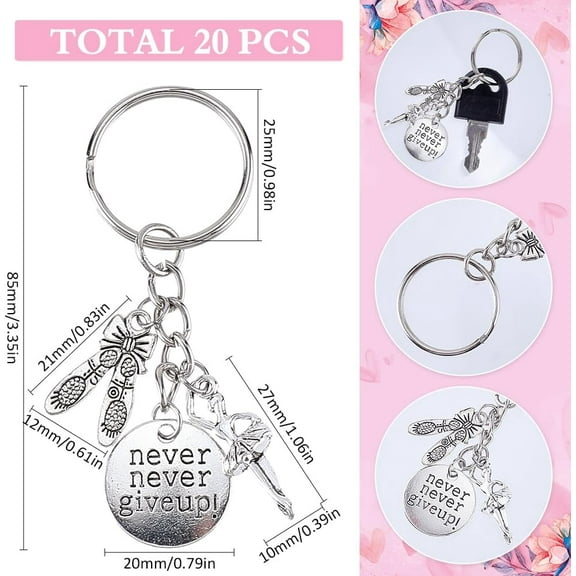 Alloy 1 Box 20Pcs Never Give Up Keychain Bulk Ballet Keychain Pack Antique Silver Alloy Inspiration Word Dance Key Chains for Party Favor Wedding Favors Handbag Christmas Decoration Gift Adults