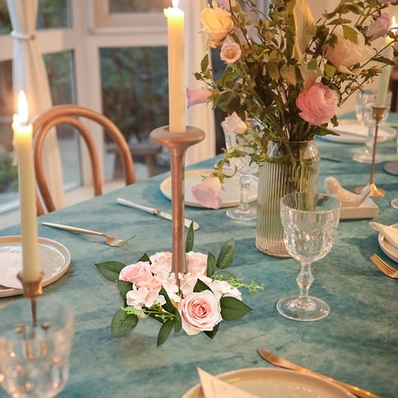 Artificial Rose Candle Rings for Festive Wedding Decor - Floral Candle Holder Rings for Centerpieces, Faux Rose Wreath for Party Home Table Decorations Romantic Candle Wreath