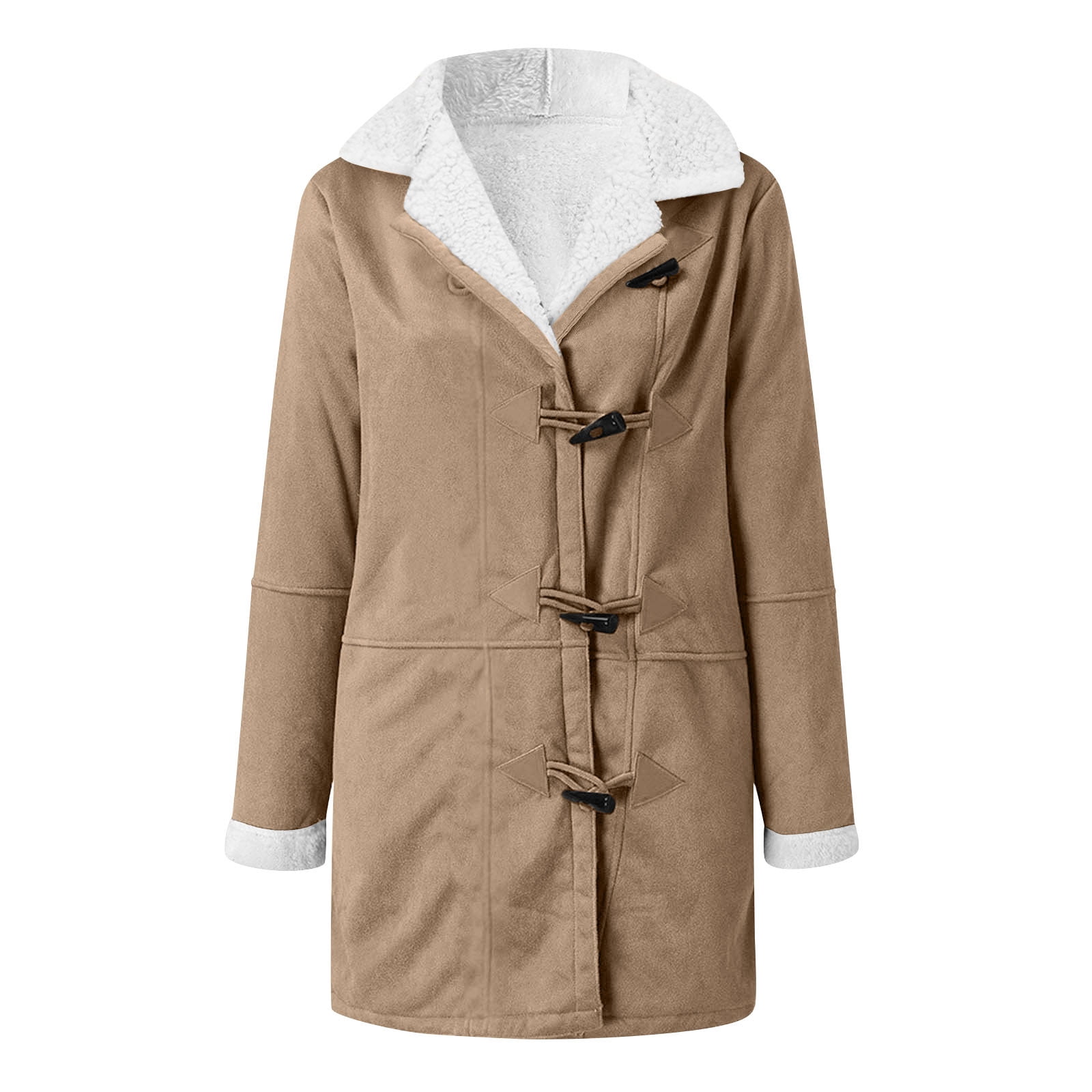 Womens Fleece Lined Jackets No Hood, Notched Collar Long Sleeve Winter Warm Pea Coats with Pockets Toggle Closure